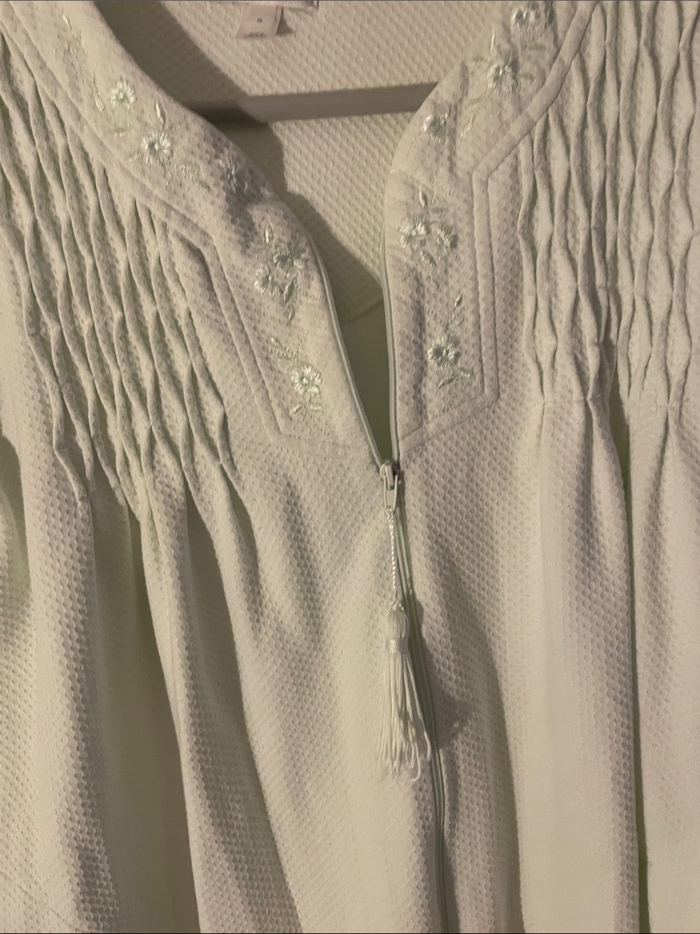 Miss Elaine Cream Textured Tassel Peasant zippered Robe with Embroidery